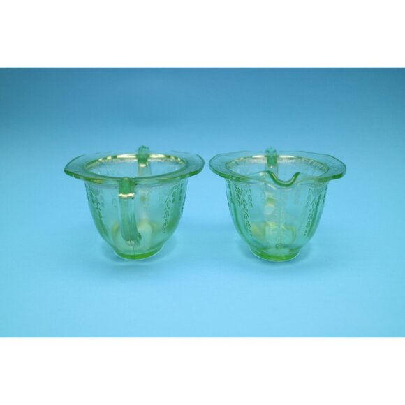 Vintage Green Uranium Depression Glass Set, Creamer Sugar Bowl, Princess Pattern - Picture 3 of 7